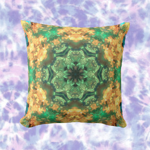 Coussin Psychédélique Mandala Flower vert et jaune