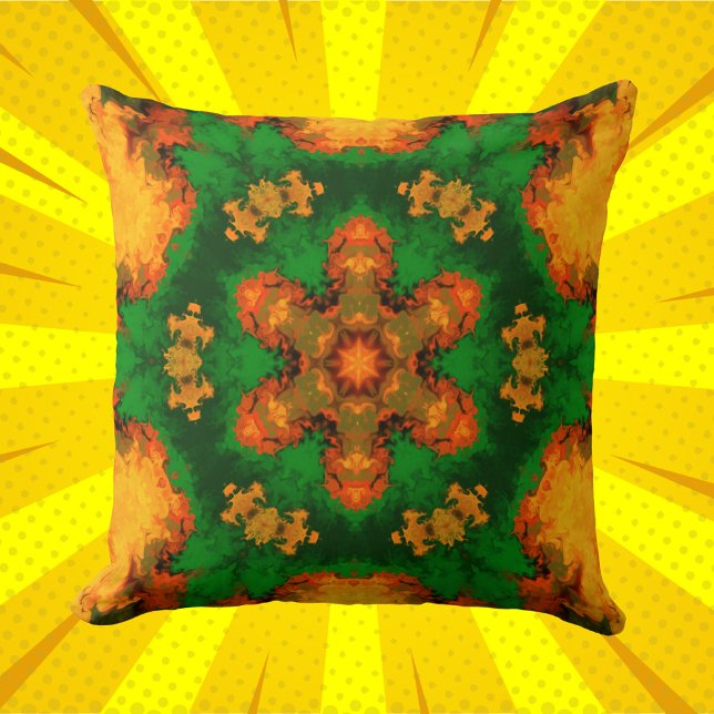 Coussin Psychédélique Mandala Flower vert orange et jaune (Créateur téléchargé)