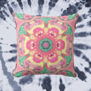Coussin Psychédélique Mandala Flower vert rose et jaune
