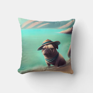 Coussin Pug profitant de la peinture artistique sur la pla