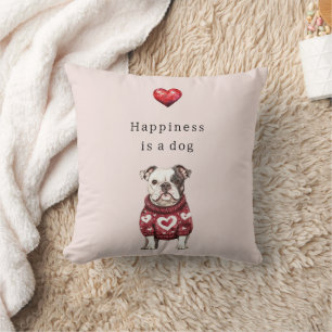 Coussin Pullover rouge coeurs blancs Le bonheur est un chi