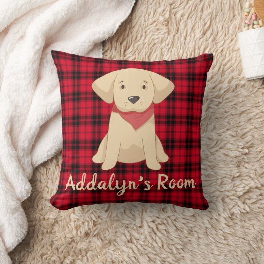 Coussin Puppy Retriever doré personnalisé plaid Red Buffal (Couverture)