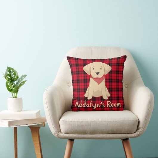 Coussin Puppy Retriever doré personnalisé plaid Red Buffal (Chaise)