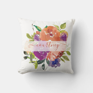 Coussin Purple and orange watercolor floral personalized