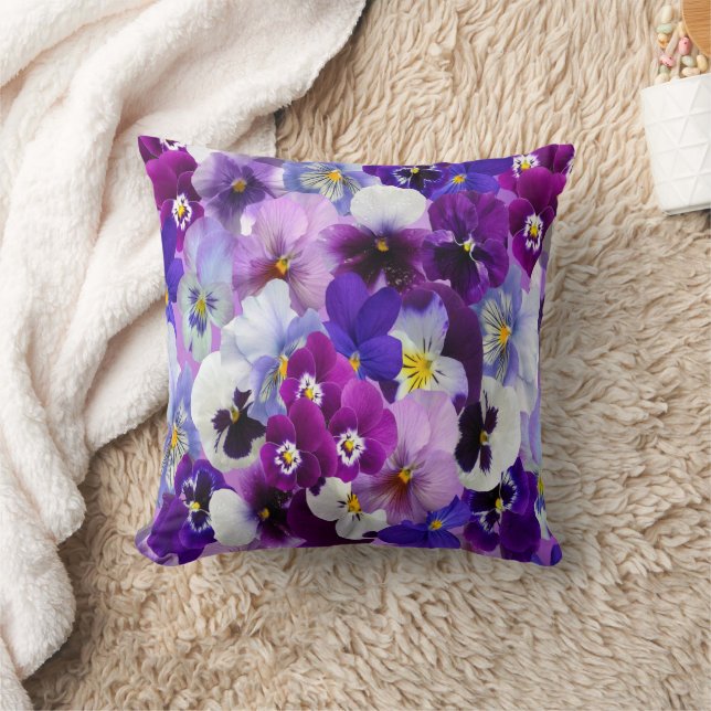 Coussin Purple Bleu Blanc Pansy Fleurs Florales (Couverture)