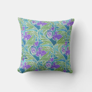 COUSSIN PURPLE FLEUR DE LIS, VERT FEUILLE AQUA BLEU FLORAL