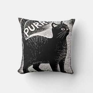 Coussin PURR! Vintage Black Cat Woodcut Style