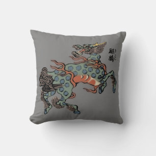 Coussin Qilin Chinois Vintage sur Gris Moyen