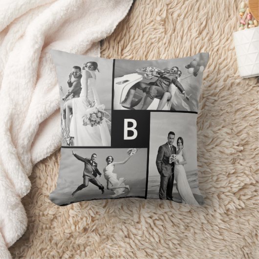 Coussin Quadrillage moderne noir Monogramme 4 Collage phot (Couverture)