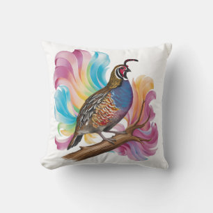 Coussin Quail sur arrière - plan coloré de branche