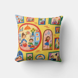 Coussin Quartier aux fenêtres colorées aux crayons de coul