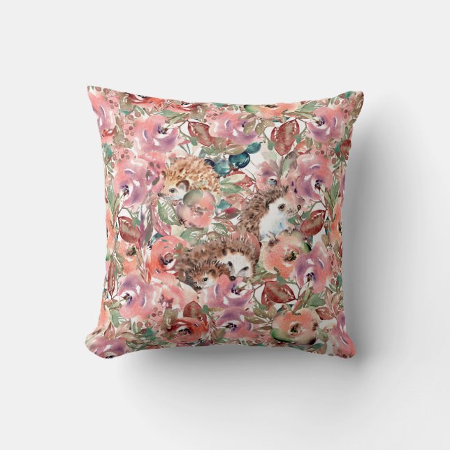 Coussin Quatre petits hérissons dans un jardin fleuri (Recto)