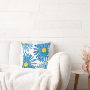 Coussin Quatre Stylo Bleu et Fleurs Aster Aquarelles