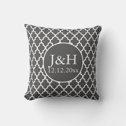 Coussin Quatrefoil Monogramme Mariage gris et blanc (Recto)
