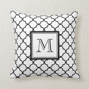 Coussin Quatrefoil noir et blanc, votre monogramme