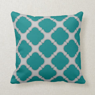 Coussin Quatrefoil turquoise et gris
