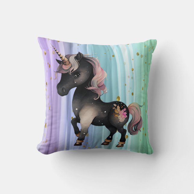 Coussin Queue noire Unicorne violette rose (Recto)