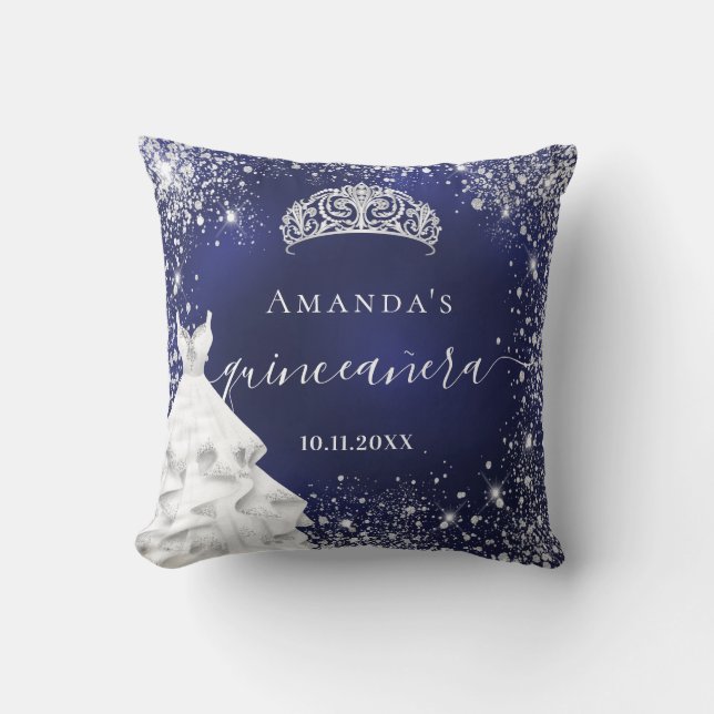 Coussin Quinceanera bleu argent parties scintillant nom ro (Recto)