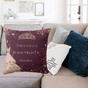 Coussin Quinceanera Bourgogne rose or tiara nom robe