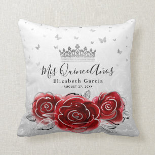 Coussin Quinceanera en argent et rose rouge Mis Quince Ano