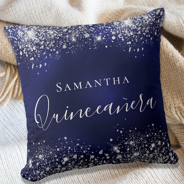 Coussin Quinceanera navy blue silver glitter dust name (Créateur téléchargé)