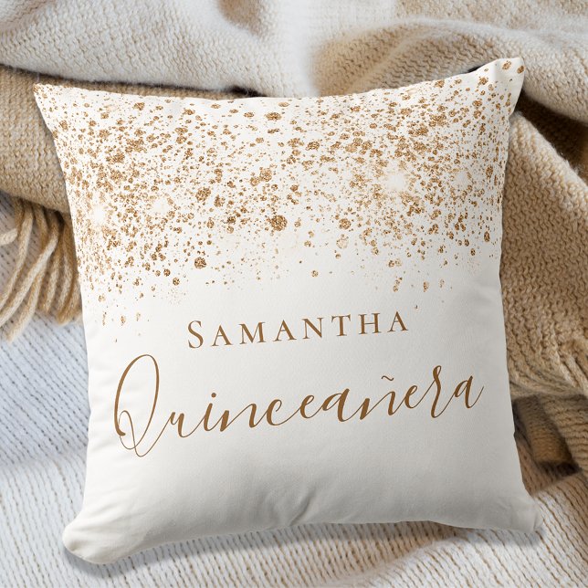 Coussin Quinceanera white gold glitter monogram (Créateur téléchargé)
