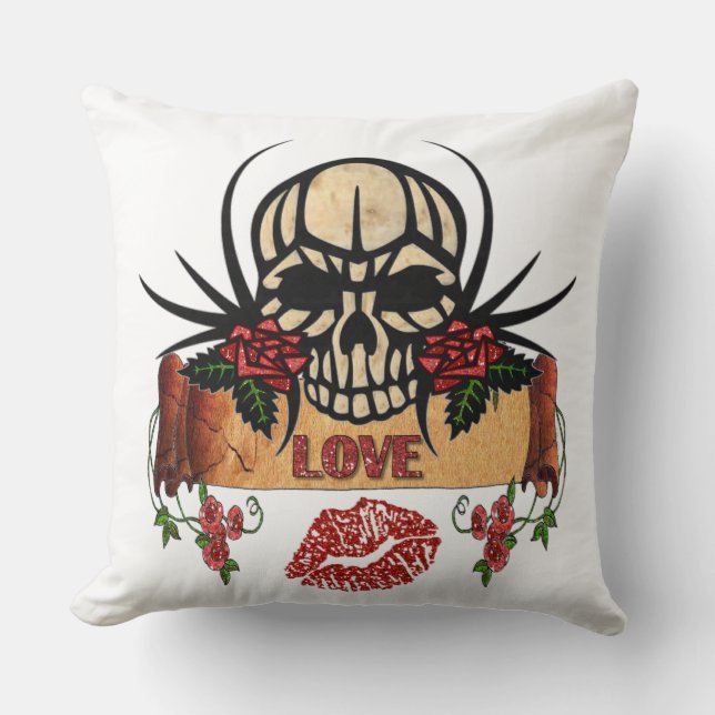 Coussin RAB Rockabilly Crâne Roses Love Lipstick (Recto)