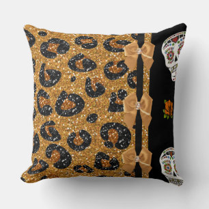 Coussin RAB Rockabilly Gold Leopard Print Sugar Skulls
