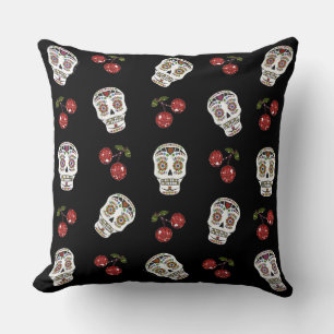 Coussin RAB Rockabilly Sugar Skulls Cerises Sur Fond Noir
