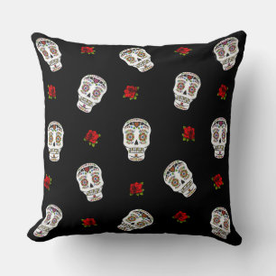 Coussin RAB Rockabilly Sugar Skulls Roses sur fond noir