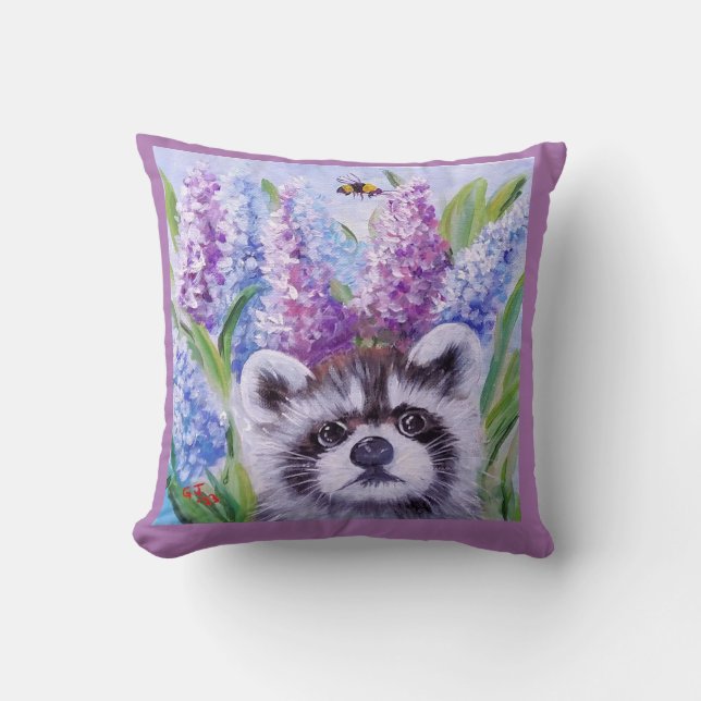 Coussin Raccoon Abee et fleurs PRINTEMPS BUZZ (Recto)