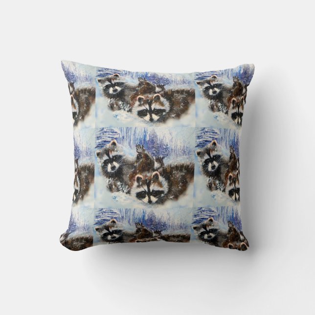 Coussin Raccoons et neige de l'art original (Recto)