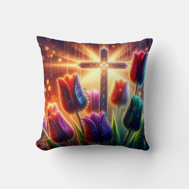 Coussin “Radiant Christian Cross: Raindrops on Tulips" (Recto)