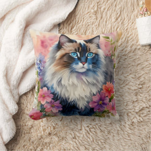 Coussin Ragdoll Chat Floral Portrait Art