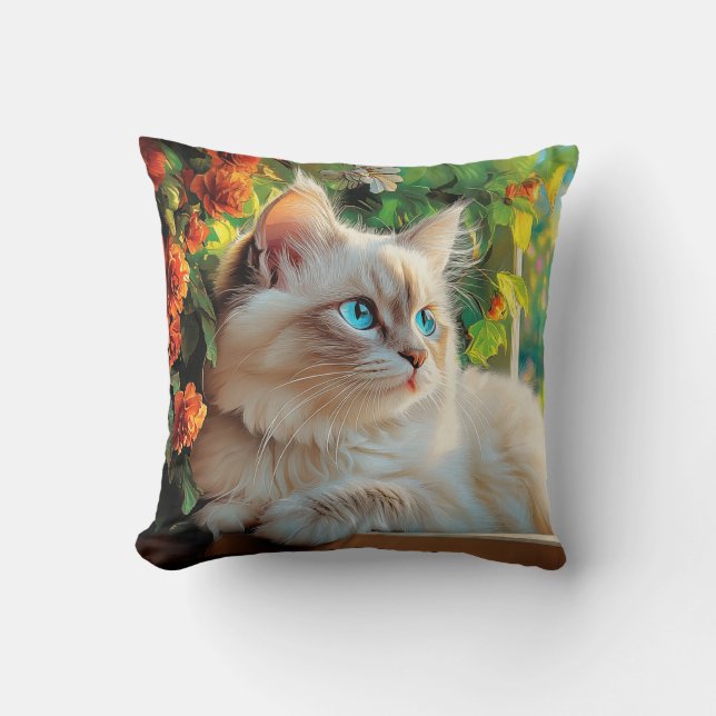 Coussin Ragdoll portrait de chat avec fleurs (Recto)