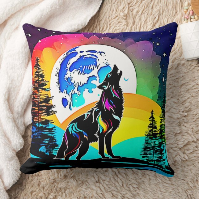 Coussin Rainbow Lunar Wolf Howl Art (Couverture)