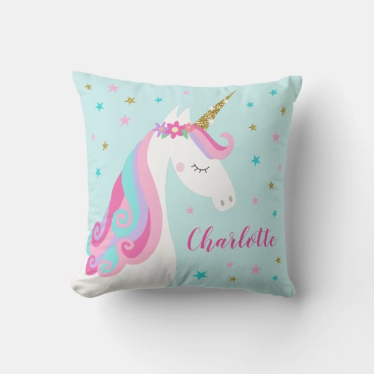 Coussin Rainbow Unicorn Parties scintillant magique Aqua (Recto)