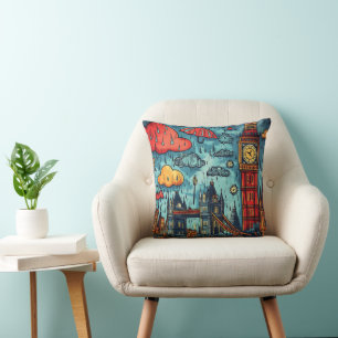 Coussin Rainy Day à Londres, Illustration colorée du Doodl