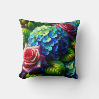 Coussin "Rainy Radiant Hydrangeas and Rose Art"