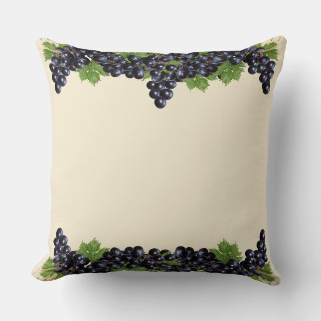 Coussin Raisins et Feuilles bleu violet sur Champagne Beig (Recto)