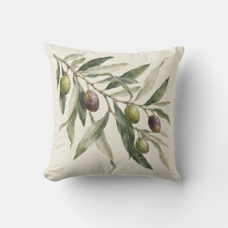 Coussin Rameau d'olivier Aquarelle botanique en ivoire