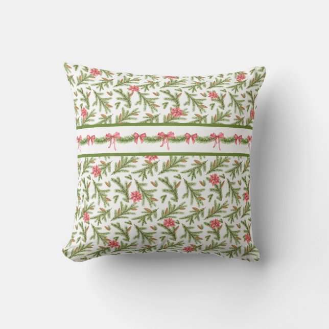 Coussin Rameaux de pin de Noël, poinsettias et rubans roug (Recto)