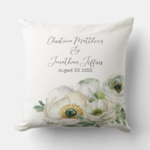 Coussin Ranunculus aquarelle romantique blanc