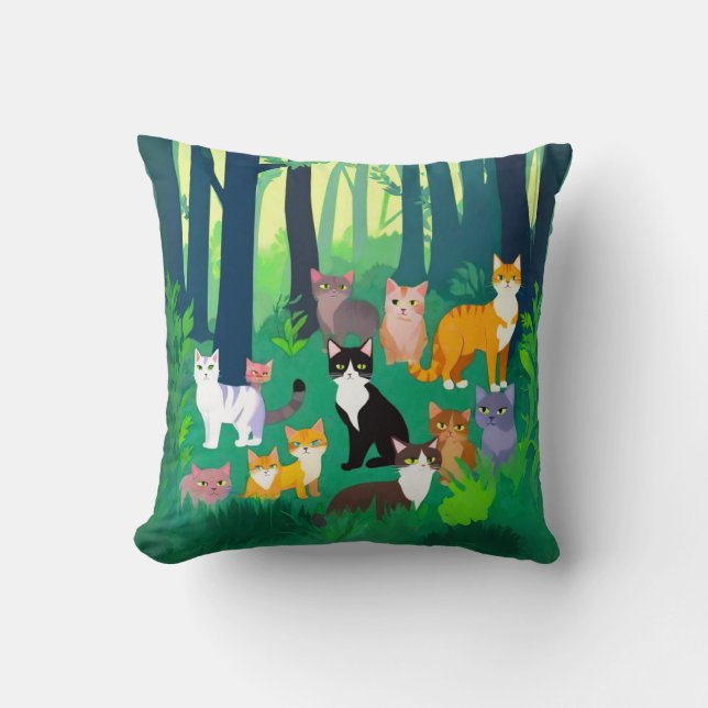 Coussin Rassemblement de chats dans une clairière de forêt (Recto)