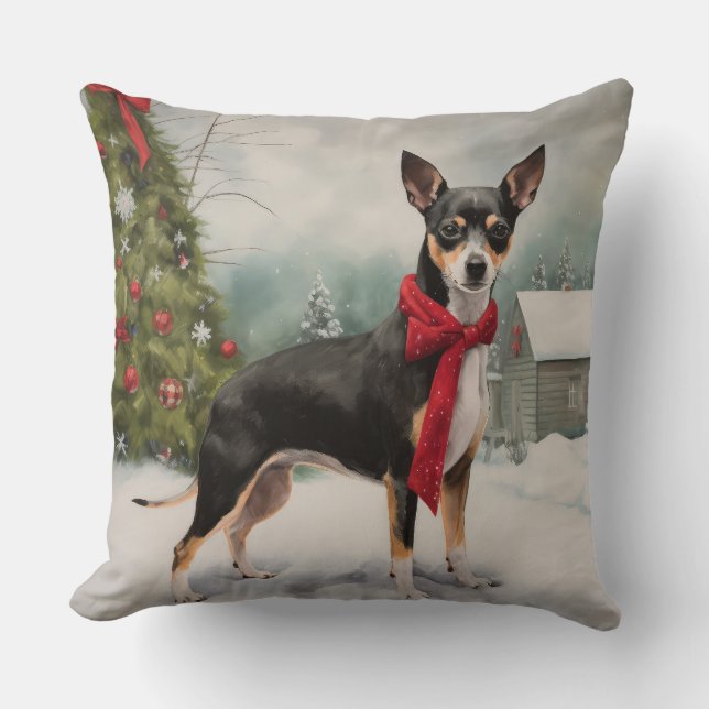 Coussin Rat Terrier dans la neige de Noël (Recto)