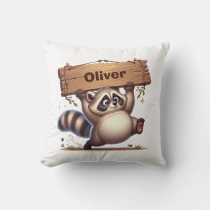 Coussin Raton laveur dodu avec plaque de nom en bois