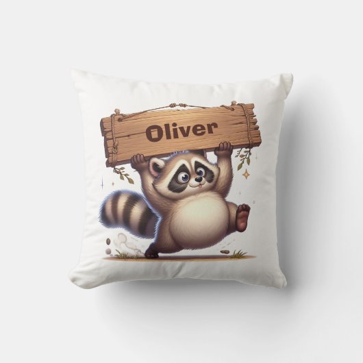 Coussin Raton laveur dodu avec plaque de nom en bois (Recto)