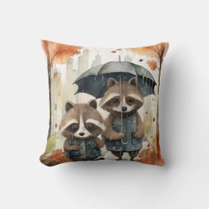 Coussin Raton laveurs mignons sous la pluie