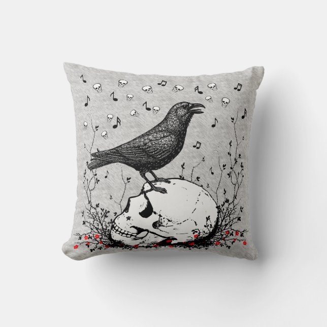 Coussin Raven chante la chanson de la mort sur le crâne Il (Recto)