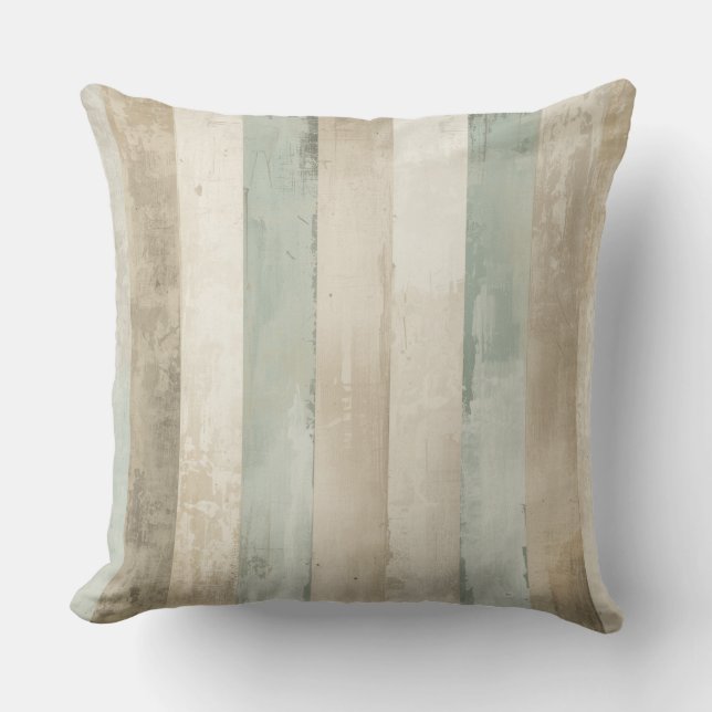 Coussin Rayé Rustique Bleu Tendre Brun Tan Blanc Patiné (Recto)